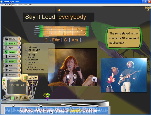 CDizz is an innovative, free media player that upgrades any music file or CD into a rich multimedia experience. the player displays designated dynamic online content. Lyrics, Images, Flash Apps, Animated chords, Karaoke, Video Clips and more...